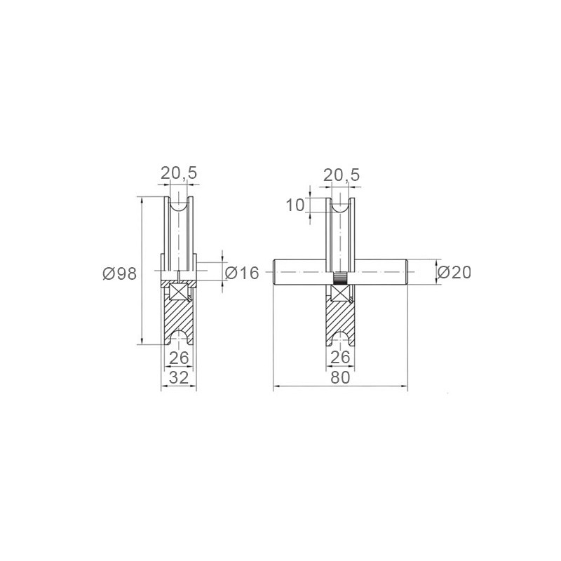 Roue gorge U sur roulement pour portail 20mm - Ø100mm - acier