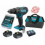 Perceuse visseuse à percussion Makita 18V 62Nm DHP482 + 2 batt 3 Ah + 30 embouts de vissage + porte-embout magnétique + sac