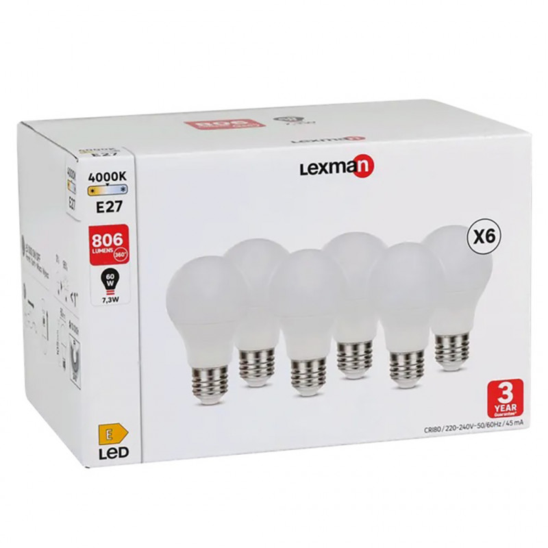 Lot de 3 ampoules led, E27, 806lm = 60W, blanc neutre, LEXMAN