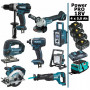 Pack MAKITA Power PRO 8 outils 18V : DDF458 + DGA504 + DTD152 + DJV180 + DSS610 + DJR186 + DMR108 + DEADML805 + 4 batt 5Ah + sac