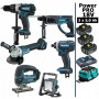 Pack Makita Power PRO 6 outils 18V: DDF458 + DHR202 + DGA504 + DTD152 + DJV180 + Projecteur + 3 batt 5Ah + sac