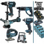 Pack Makita Power PRO 6 outils 18V: DDF458 + DHR202 + DGA504 + DTD152 + DJV180 + Projecteur + 3 batt 5Ah + 4 Coffrets