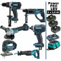 Pack Makita Power PRO 6 outils 18V: DDF458 + DGA504 + DTD152 + DHR202 + DJV180 + DJR186 + 3 batt 5Ah + sac