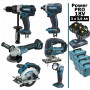 Pack Makita Power PRO 6 outils 18V: DDF458 + DGA504 + DTD152 + DJV180 + DSS610 + Lampe + 3 batt 5Ah + 4 Coffrets