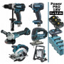 Pack Makita Power PRO 6 outils 18V: DDF458 + DGA504 + DTD152 + DJV180 + DSS610 + Projecteur + 3 batt 5Ah + 4 Coffrets