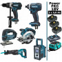 Pack Makita Power PRO 6 outils 18V: Perceuse DDF458 + DJR186 + Visseuse DTD152 + DJV180 + DSS610 + DMR108 + 3 batt 5Ah + sac