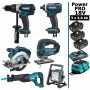 Pack Makita Power PRO 6 outils 18V: Perceuse DDF458 + Visseuse à chocs DTD152 + Scie circulaire DSS610 + Scie sauteuse DJV180 +