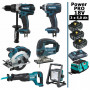 Pack Makita Power PRO 6 outils 18V: Perceuse DDF458 + DJR186 + Visseuse DTD152 + DJV180 + DSS610 + Projecteur + 3 batt 5Ah + sac