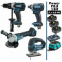 Pack Makita Power PRO 18V: DDF458 + DGA504 + DTD152 + DJV180 + 3 batt 5Ah + sac