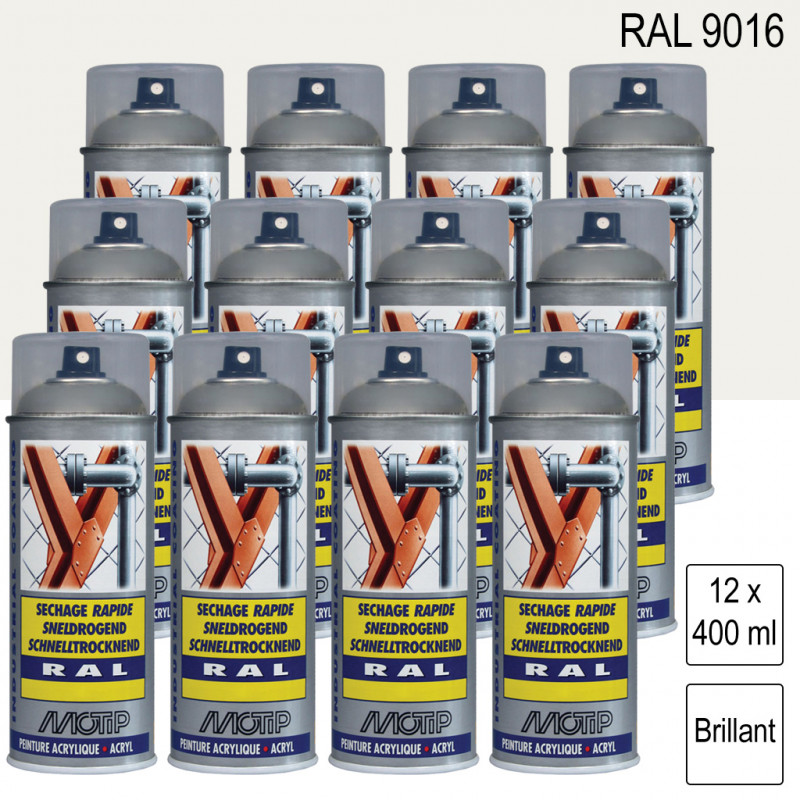 Lot De 12 Peintures Aérosol Ral 9016 Blanc Signalisation Brillant 400ml Motip 2036