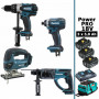 Pack Power PRO 18V 5Ah : Perceuse DDF458 + Perfo DHR202 + Visseuse à chocs DTD152 + Scie sauteuse DJV180 + 2 batt + sac MAKITA