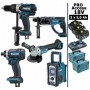 Pack Pro Makita 18V 5Ah: Perceuse 91Nm DDF458 + Meuleuse 125mm DGA504 + Perforateur 2J DHR202 + Visseuse à chocs 165Nm DTD152 +