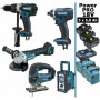 Pack Power PRO Makita 18V: DDF458 + DGA504 + DJV180 + DTD152 + DMR108 + 3 batt 5Ah + 3 coffrets