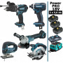 Pack Makita Power PRO 5 outils 18V: Perceuse DHP458 + Meuleuse DGA504 + Visseuse DTD152 + DJV180 + DSS610 + 3 batt 5Ah + sac