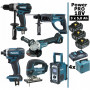 Pack Makita Power PRO 6 outils 18V: DDF458 + DHR202 + DGA504 + DTD152 + DJV180 + DMR108 + 3 batt 5Ah + 4 Coffrets