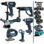 Pack Makita Power PRO 6 outils 18V: DDF458 + DHR202 + DGA504 + DTD152 + DJV180 + Lampe + 3 batt 5Ah + sac