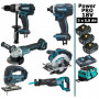 Pack Makita Power PRO 6 outils 18V: DDF458 + DGA504 + DTD152 + DJV180 + DSS610 + DJR186 + 3 batt 5Ah + sac