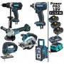 Pack Makita Power PRO 6 outils 18V: DDF458 + DGA504 + DTD152 + DJV180 + DSS610 + DMR108 + 3 batt 5Ah + sac