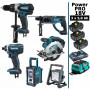 Pack Makita Power PRO 6 outils 18V: DDF458 + DTD152 + DHR202 + DSS610 + DMR108 + Projecteur + 3 batt 5Ah + sac