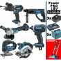 Pack Makita Power PRO 6 outils 18V: Perceuse DHP458 DHR202 DGA504 DTD152 DJV180 DSS610 3 batt 5Ah 5 Coffrets chariot