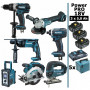 Pack Makita Power PRO 7 outils 18V: DDF458 + DHR202 + DGA504 + DTD152 + DJV180 + DSS610 + DMR108 + 3 batt 5Ah + 5 Coffrets