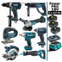 Pack Makita Power PRO 8 outils 18V: DDF458 DHR202 DGA504 DTW190 DTD152 DJV180 DSS610 DJR186 + 3 batt 5Ah + sac