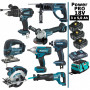 Pack Makita Power PRO 8 outils 18V: Perceuse DHP458 DHR202 DGA504  DTW190 DTD152 DJV180 DSS610 DJR186 3 batt 5Ah sac