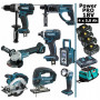 Pack Makita Power PRO 8 outils 18V: DDF458 + DHR202 + DGA504 + DTD152 + DJV180 + DSS610 + DMR108 + DEADML802 + 4 batt 5Ah + sac