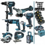 Pack Makita Power PRO 8 outils 18V: DDF458 DHR202 DGA504 DTD152 DJV180 DSS610 DMR108 DEADML802 4 batt 5Ah 5 Coffrets