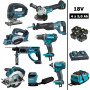 Pack Makita 9 machines 18V 5Ah: DDF482 + DTD152 + DGA504 + DHR202 + DJR186 + DJV180 + DSS610 +DBO180+DKP180+4 batteries+sac