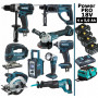 Pack Makita Power PRO 9 outils 18V: DDF458 DHR202 DGA504 DTD152 DJV180 DSS610 DJR186 DMR108 DEADML802 + 4 batt 5Ah + sac