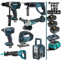 Pack Makita Power PRO 7 outils 18V: DDF458 + DHR202 + DTD152 + DGA504 + DJV180 + DJR186 + DMR108N + 3 batt 5Ah + sac